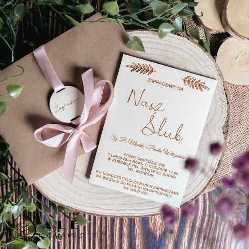 Drewniana kartka ślubna zaproszenie personalizowane dla gości