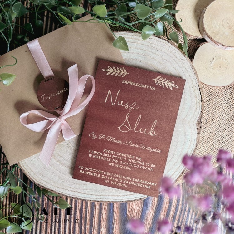 Drewniane zaproszenie kartka ślubna dla Gości