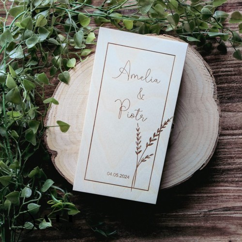 Drewniane pudełko na pieniądze na ślub z motywem kłosów