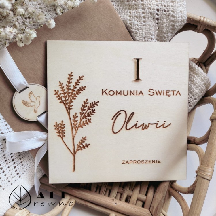 Drewniana kartka na Komunię Świętą