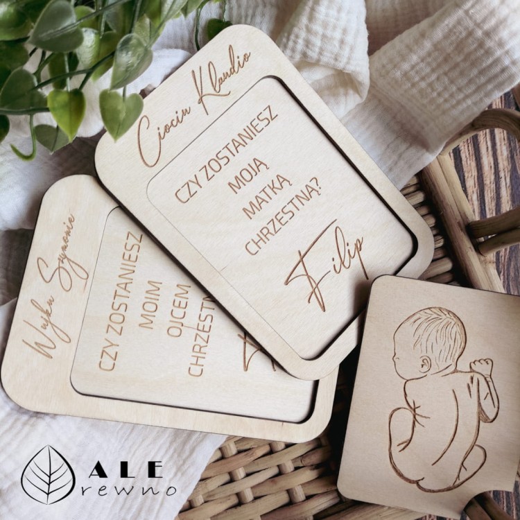 Drewniana kartka personalizowana dla ojca chrzestnego i matki chrzestnej
